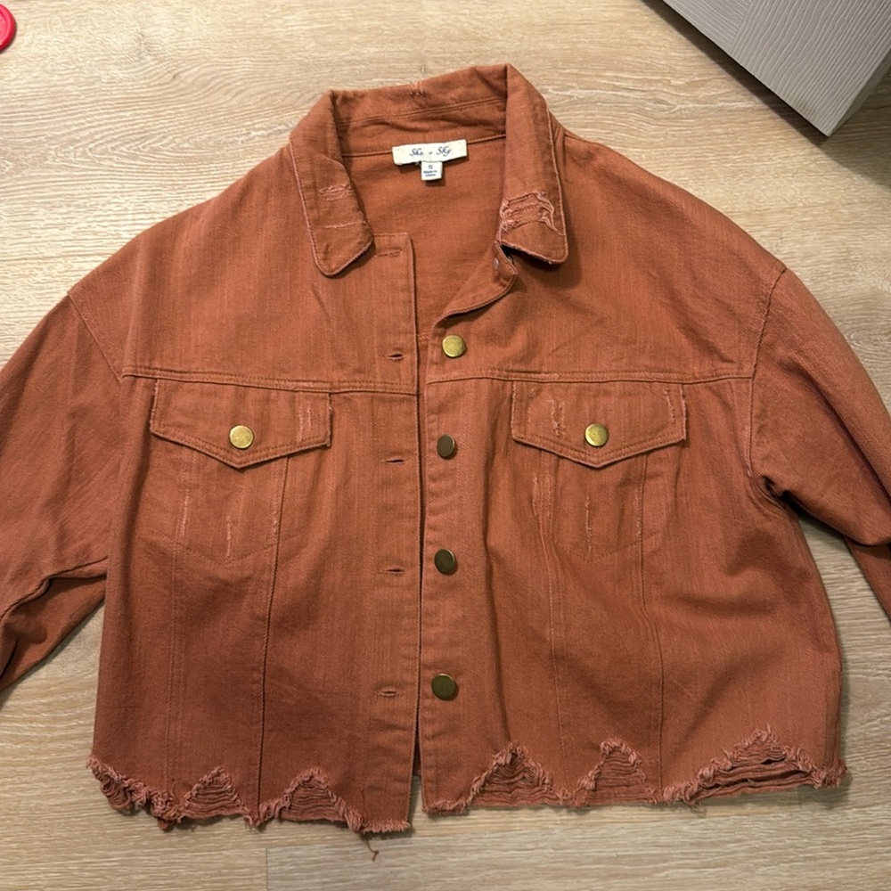She + sky orange cropped denim jacket